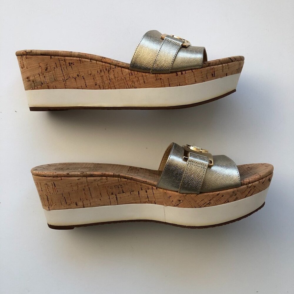 Michael Kors MK Warren Leather Platform Cork Slide Sandals Gold Logo Plate 10M - Picture 5 of 16
